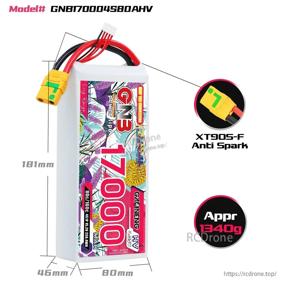 GNB170004S80AHV battery size diagram showing 181×80×46 mm, XT90S-F anti-spark, approx 1340g
