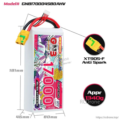 GNB170004S80AHV battery size diagram showing 181×80×46 mm, XT90S-F anti-spark, approx 1340g
