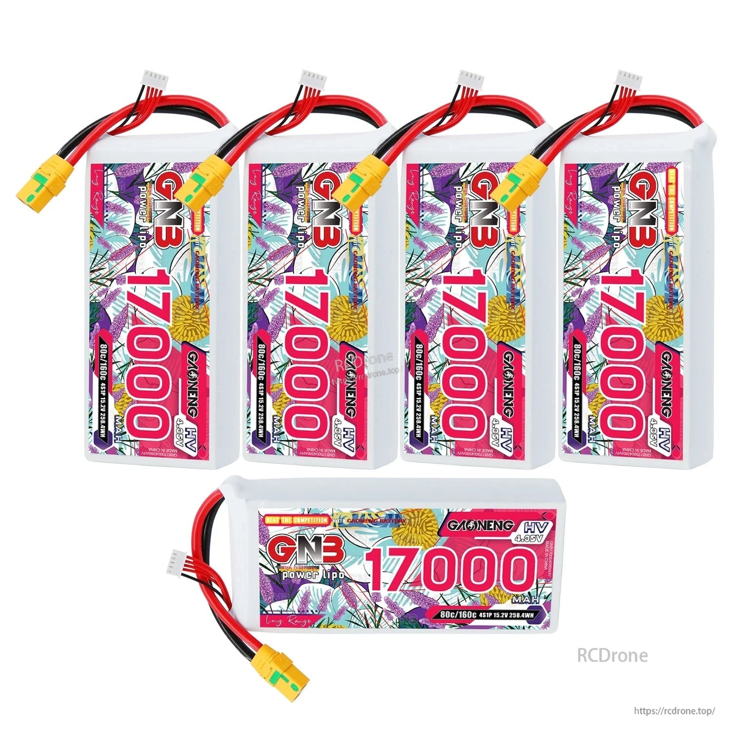 Five-pack display: four upright and one horizontal GAONENG GNB 17000mAh LiPo batteries