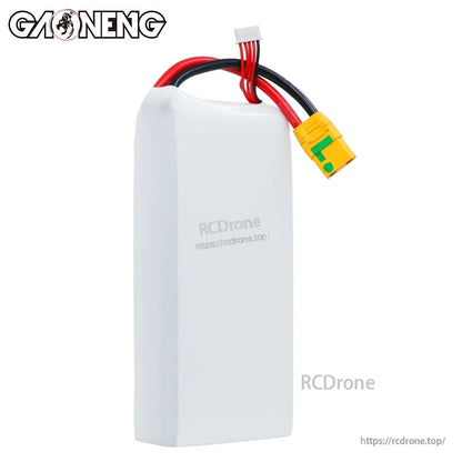 Rear/blank side view of GAONENG LiPo battery pack showing white casing and attached leads