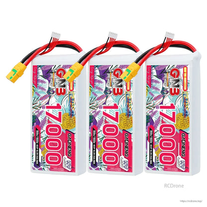 Three GAONENG GNB 17000mAh HV LiPo battery packs lined up, each with XT90S connector