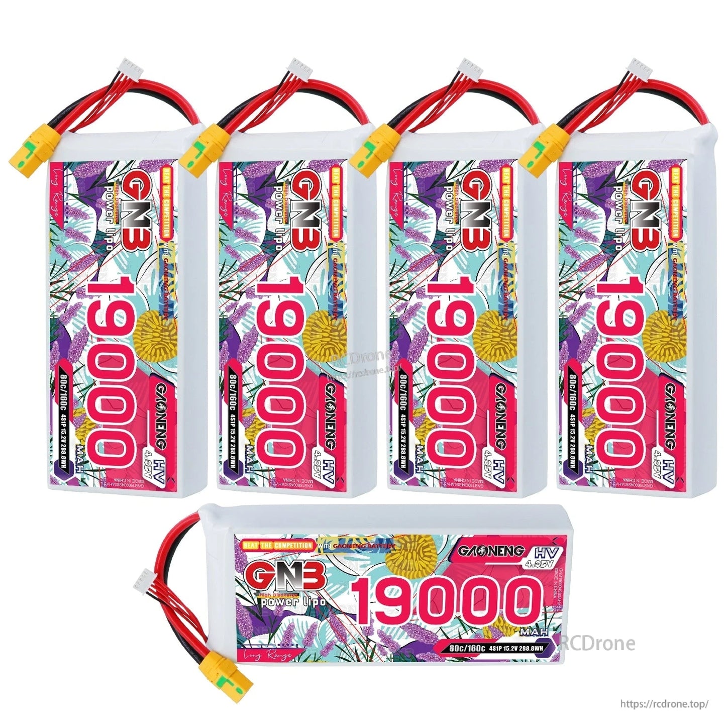 Set of five GNB 19000mAh HV LiPo battery packs shown, including one pack displayed horizontally