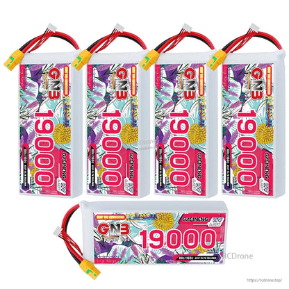Set of five GNB 19000mAh HV LiPo battery packs shown, including one pack displayed horizontally