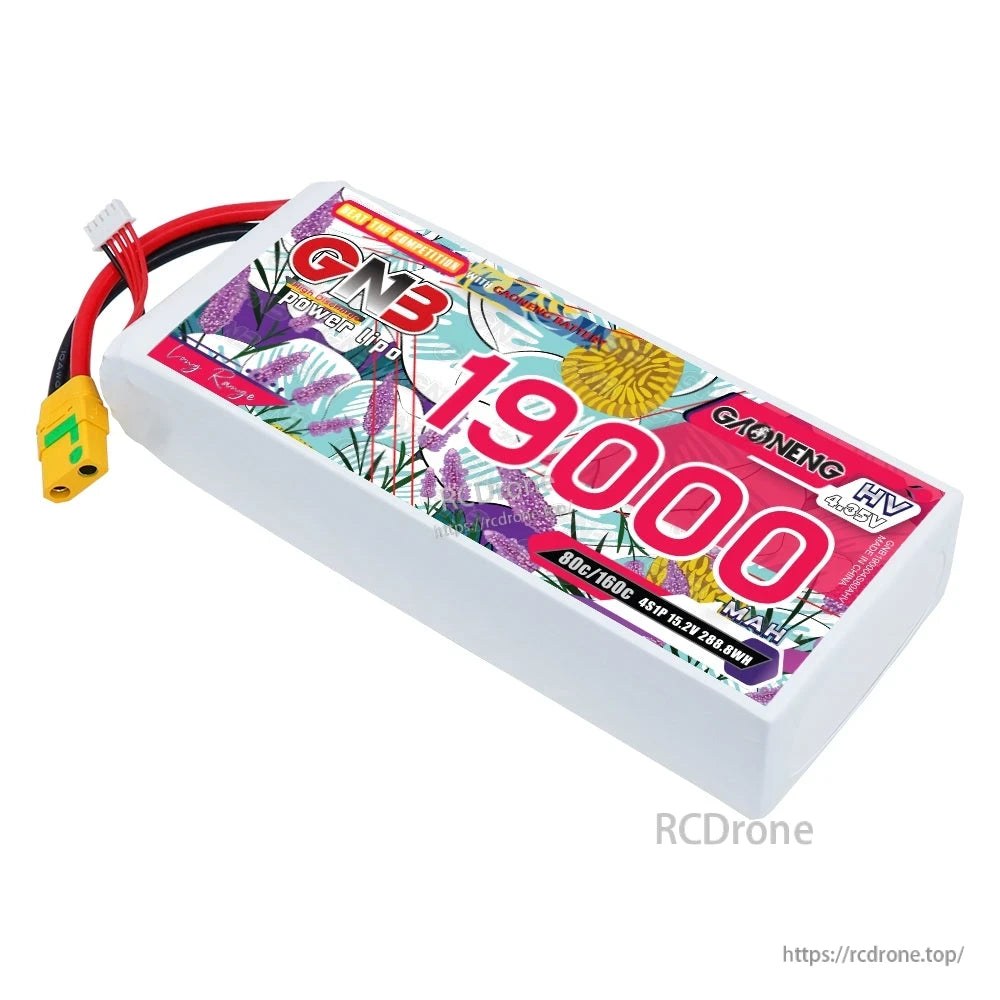 Angled top view of GNB 19000mAh HV LiPo battery pack showing label and lead wires