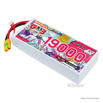 Angled top view of GNB 19000mAh HV LiPo battery pack showing label and lead wires