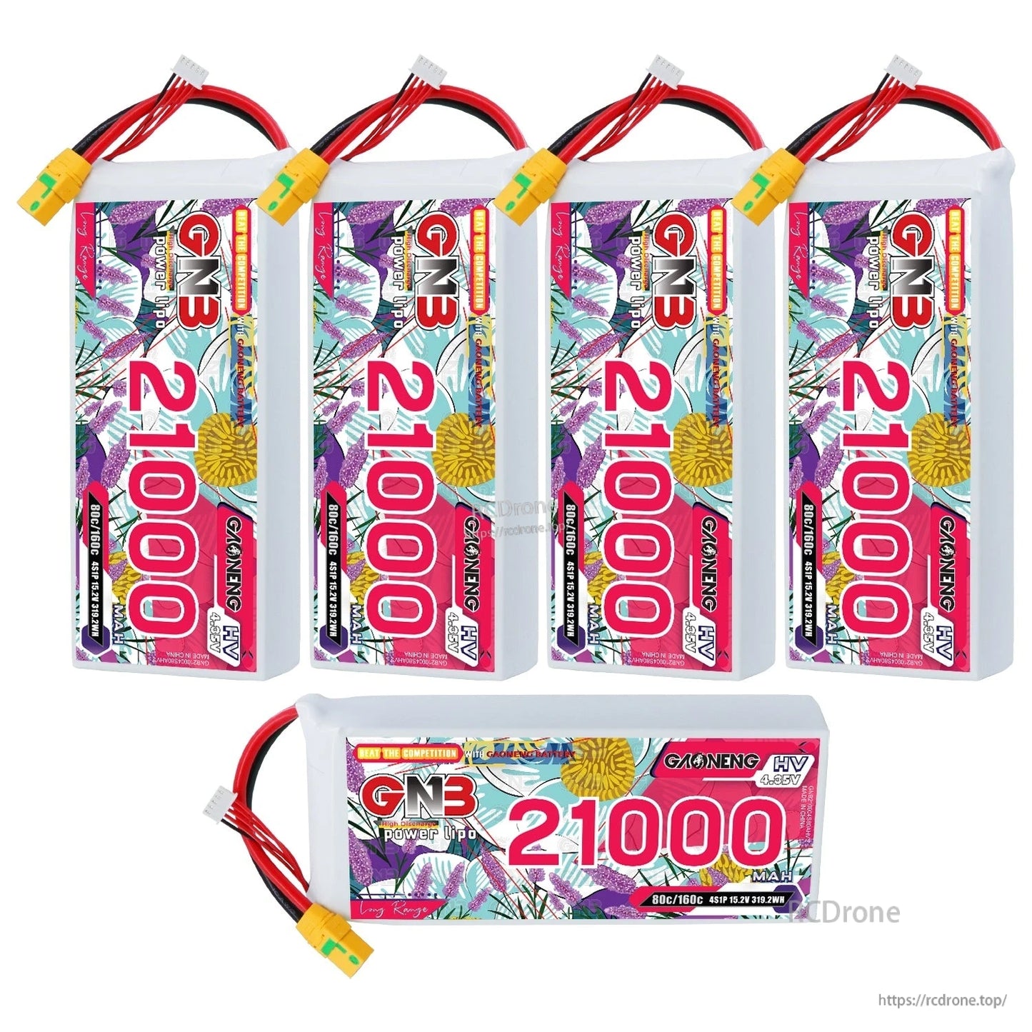 Five GAONENG GNB 21000mAh HV 4S LiPo batteries shown, four vertical and one horizontal