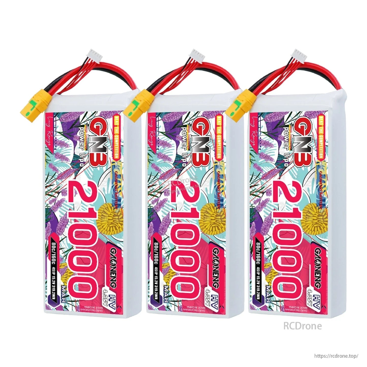 Three-pack display of GAONENG GNB 21000mAh HV 4S LiPo batteries with XT90S connectors