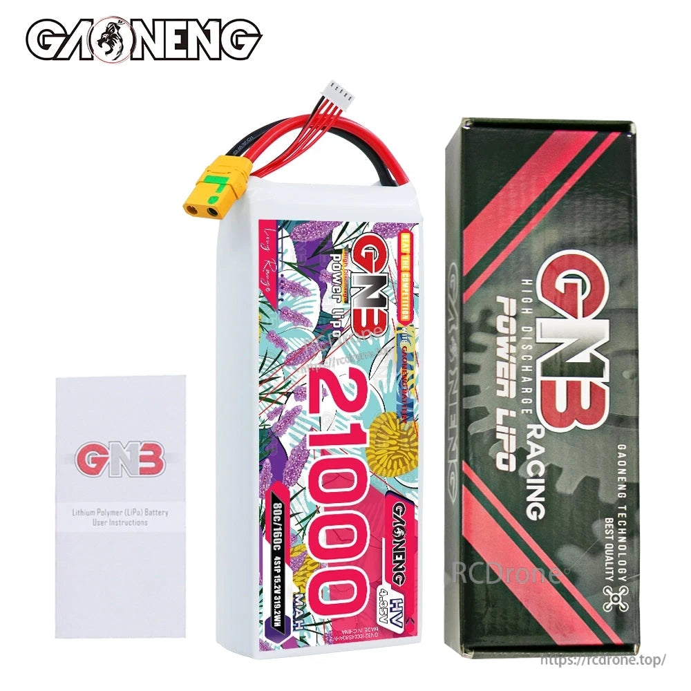 Package contents: GNB 21000mAh HV 4S battery, retail box, and instruction leaflet