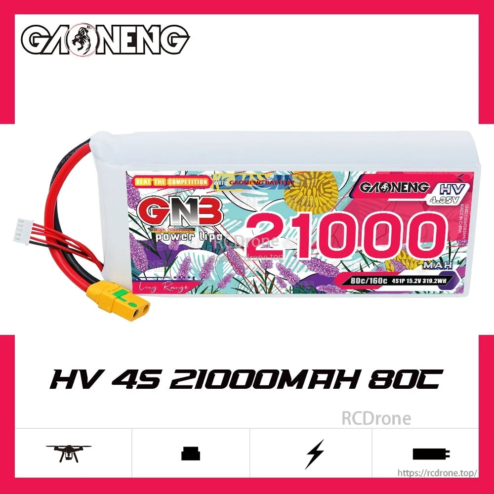 GAONENG GNB HV 4S 21000mAh 80C LiPo battery product graphic with XT90S plug on white background