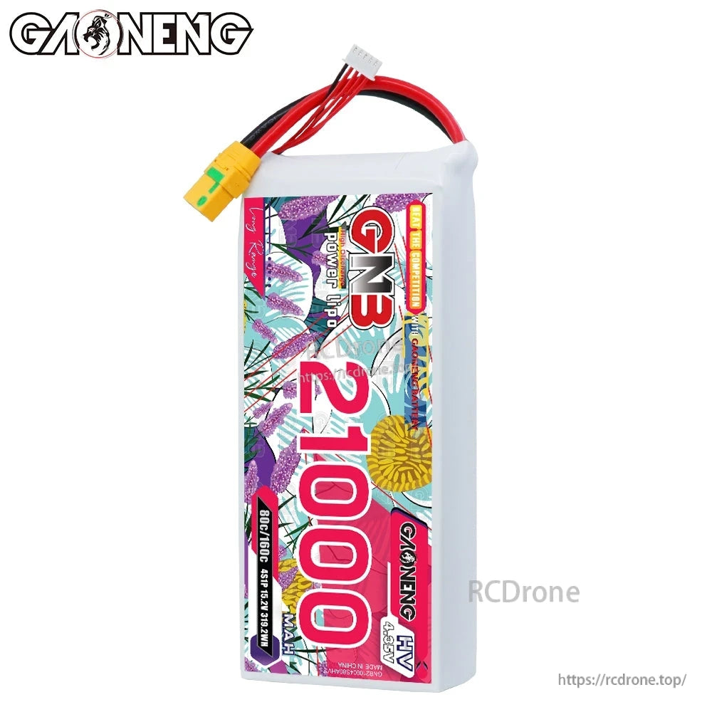 Front label view of GAONENG GNB 21000mAh HV 4S LiPo battery with attached XT90S connector