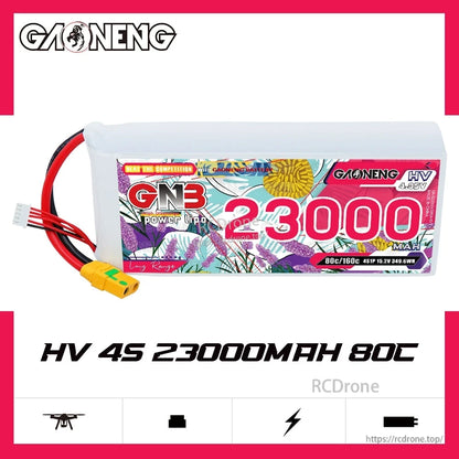GAONENG GNB HV 4S 23000mAh 80C LiPo battery product graphic with specs text and icons
