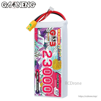 Front label view of GNB 23000 battery pack with power leads and balance connector