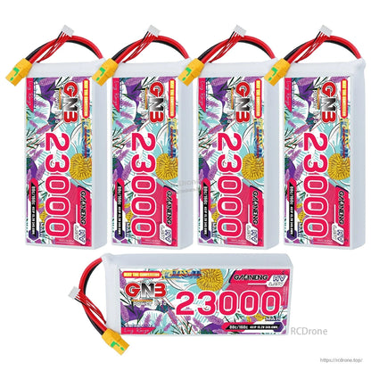 Five-battery lot: four upright packs plus one horizontal GNB 23000 pack in front