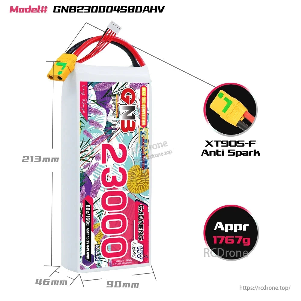 Battery dimensions diagram with XT90S-F anti-spark plug close-up and approx weight 1767g callout