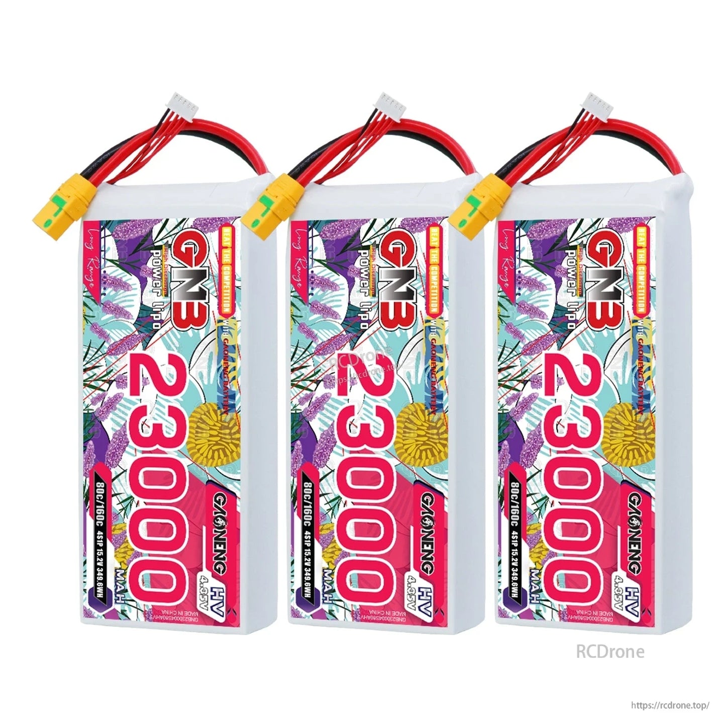 Three GNB 23000 battery packs lined up, showing identical labels and XT90S connectors