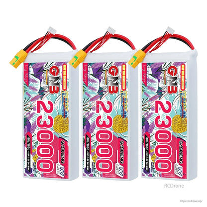 Three GNB 23000 battery packs lined up, showing identical labels and XT90S connectors