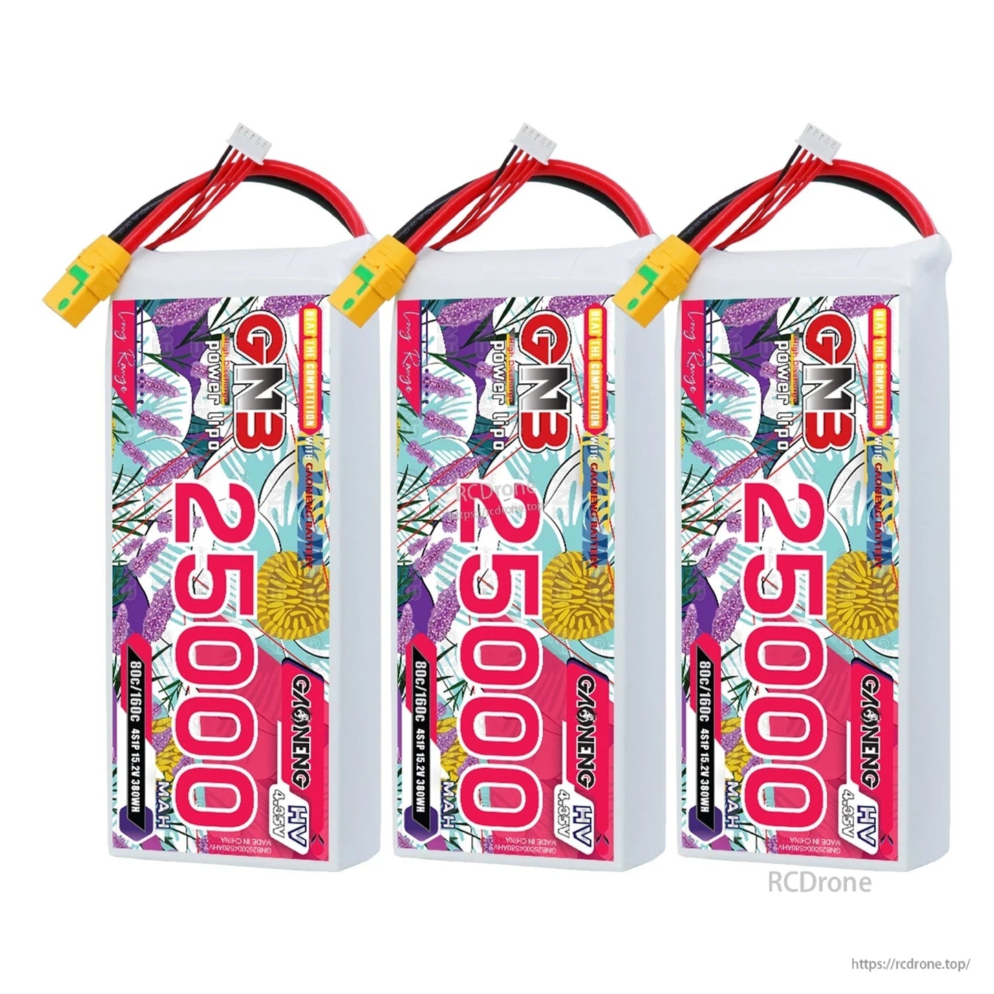 Three GNB 25000mAh HV battery packs lineup with XT90S connectors and balance leads