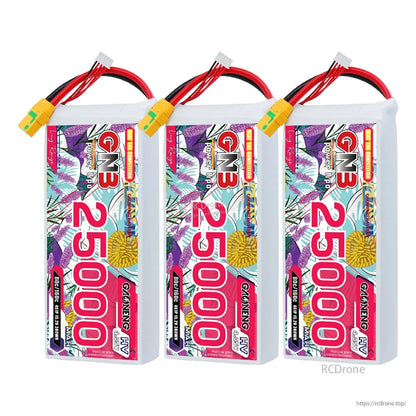 Three GNB 25000mAh HV battery packs lineup with XT90S connectors and balance leads