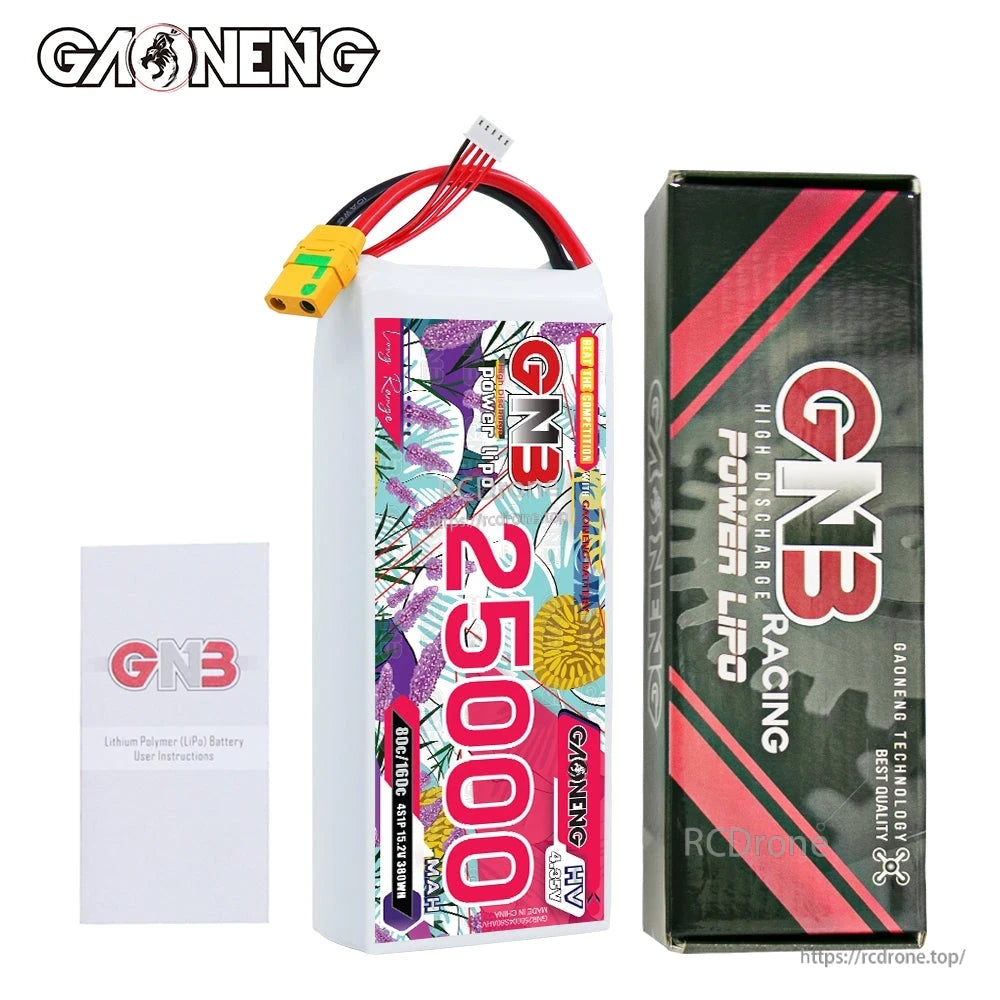 Package contents: GNB 25000mAh battery, retail box, and instruction leaflet