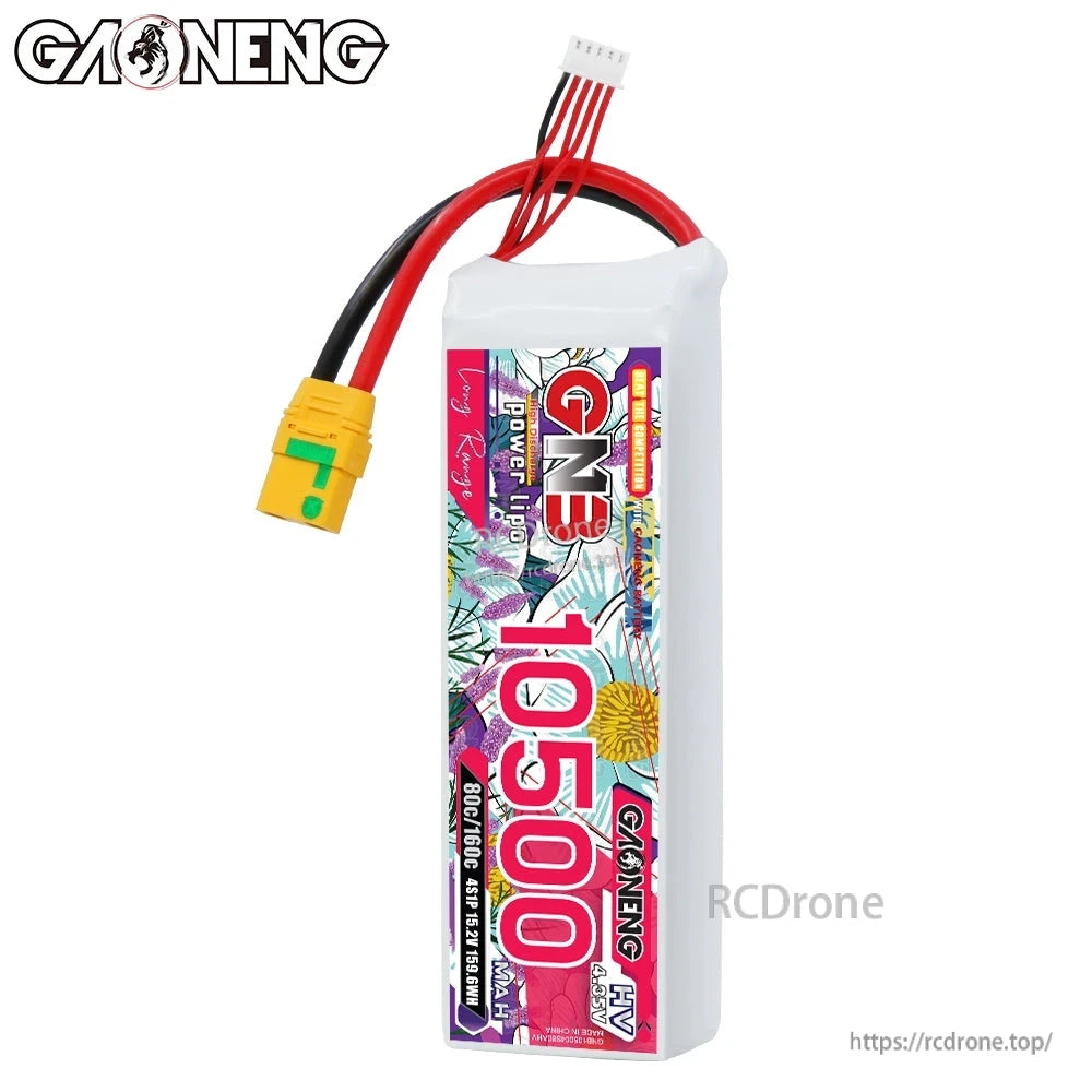 Front label view of GNB 10500 LiPo pack with red/black discharge leads and white balance connector