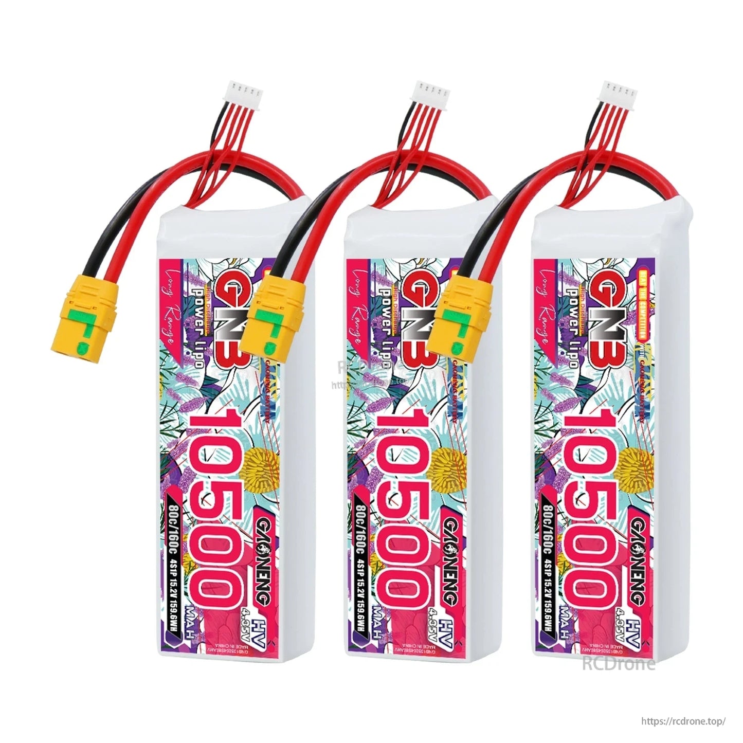 Three GNB 10500mAh battery packs lineup showing front labels and XT90S discharge connectors