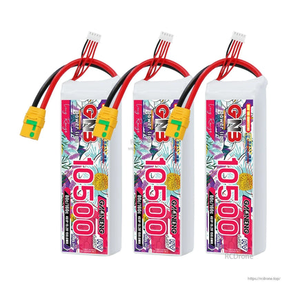 Three GNB 10500mAh battery packs lineup showing front labels and XT90S discharge connectors