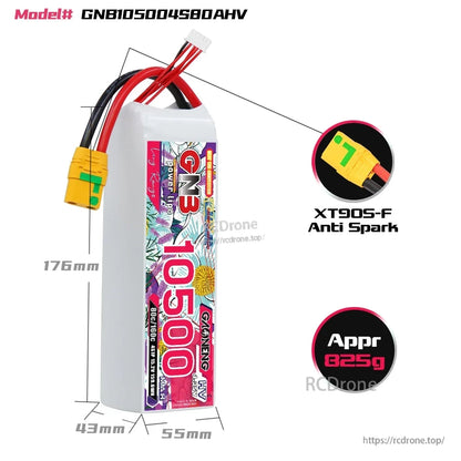 Battery dimensions graphic showing approx 176mm length, 55mm width, 43mm thickness and XT90S anti-spark plug