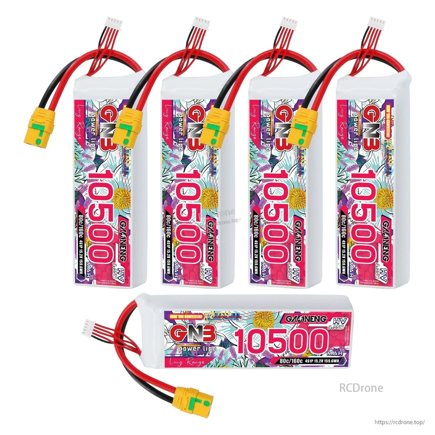 Five-pack layout of GNB 10500 batteries, including one shown horizontally plus four vertical units