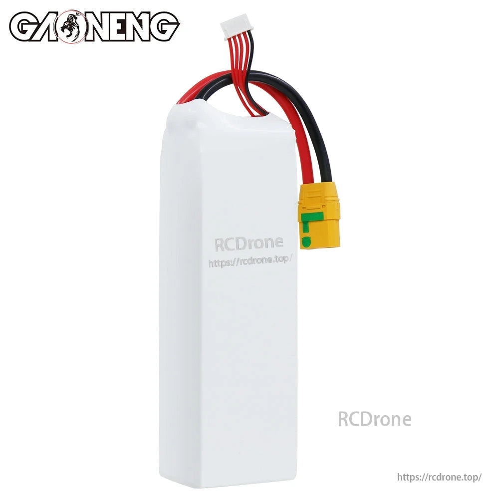 Rear side view of white heat-shrink battery pack showing lead exit and XT90S connector
