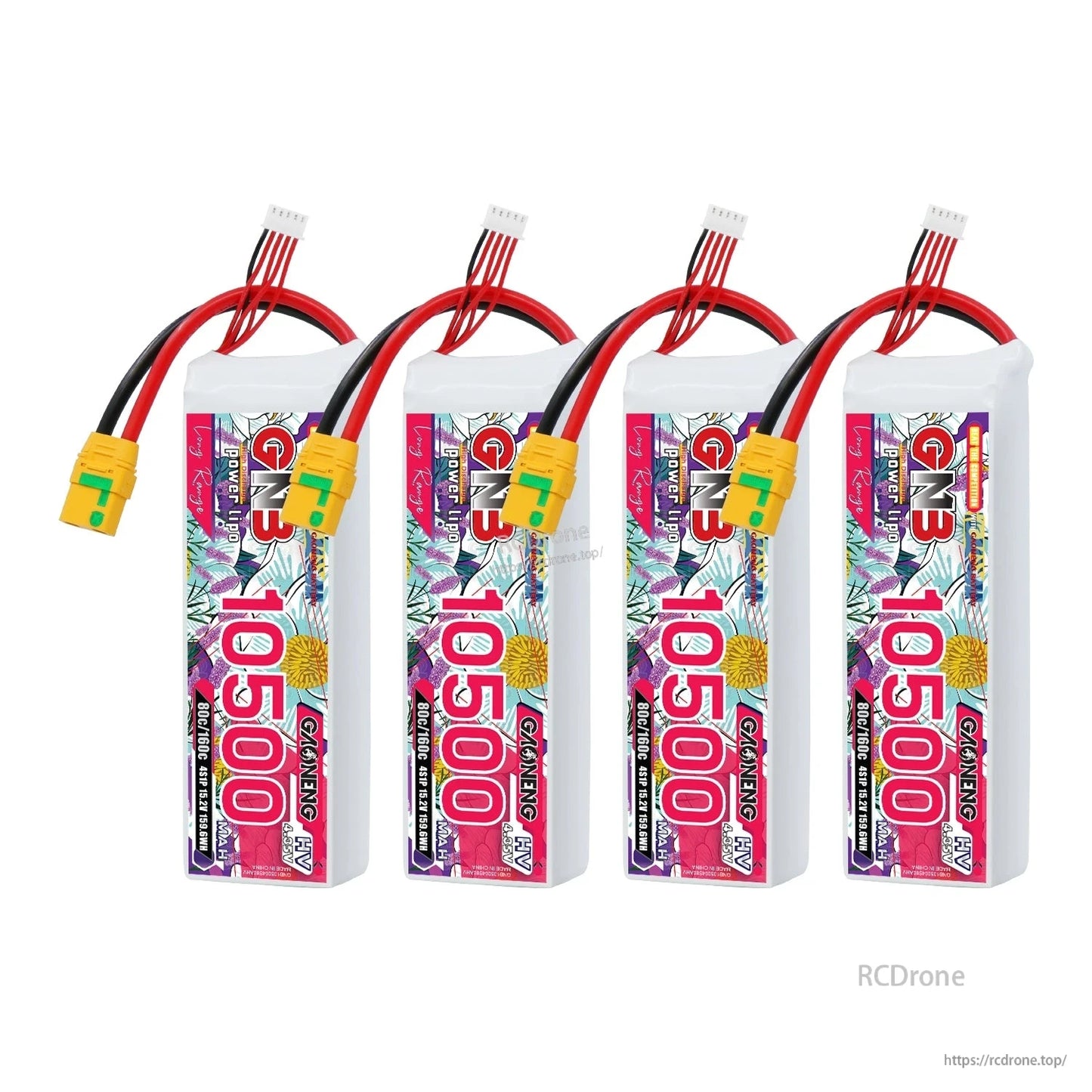 Four GNB 10500mAh battery packs lineup with balance leads and XT90S anti-spark connectors
