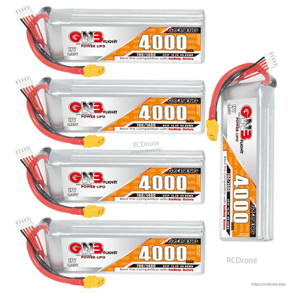 Five GNB 4000mAh 4S LiHV batteries shown together, four horizontal plus one upright