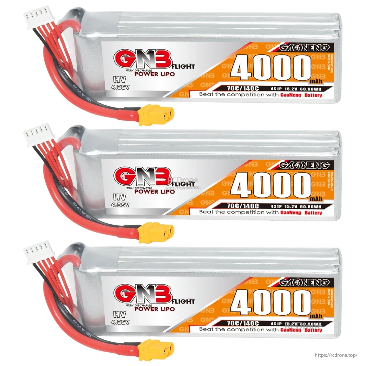 Three GNB 4000mAh 4S LiHV batteries with XT60 connectors lined up, label side visible