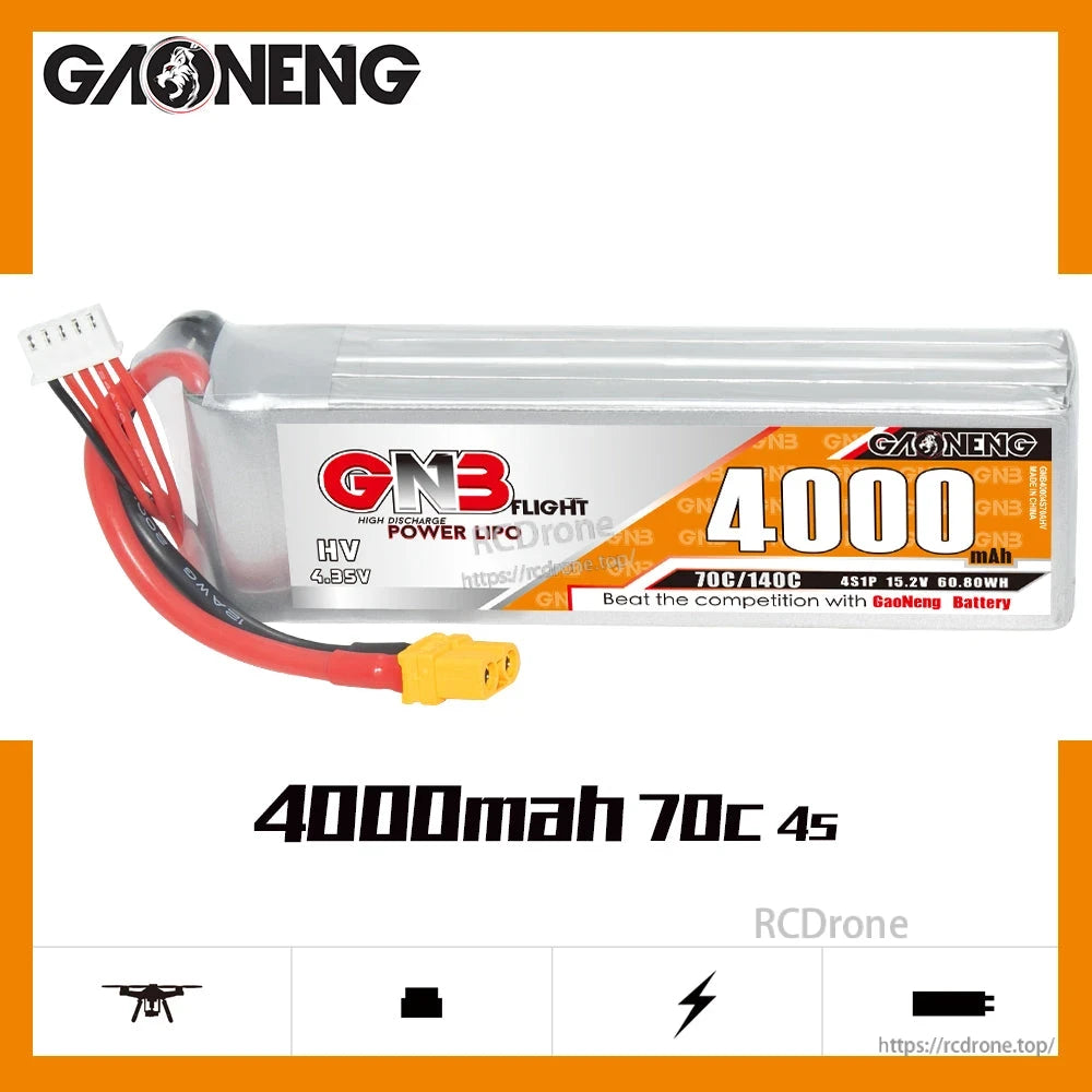 GAONENG GNB 4000mAh 70C 4S LiHV battery graphic showing 15.2V and spec text on label