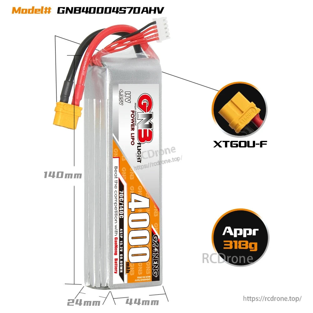 GNB 4000mAh 4S LiHV battery size chart with 140×44×24 mm dimensions and XT60U-F close-up