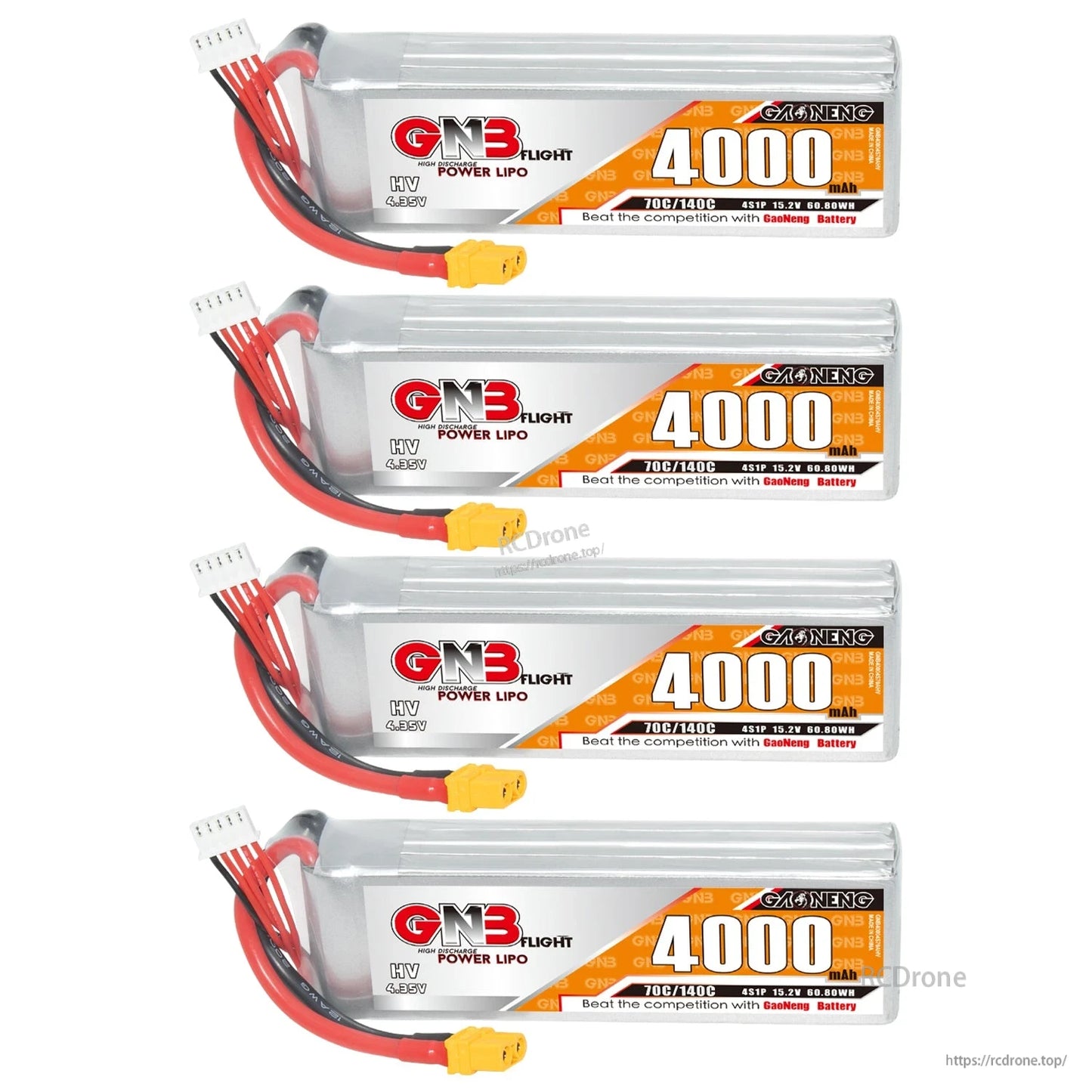 Four GNB 4000mAh 4S LiHV batteries stacked vertically with XT60 leads and balance plugs