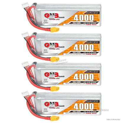 Four GNB 4000mAh 4S LiHV batteries stacked vertically with XT60 leads and balance plugs