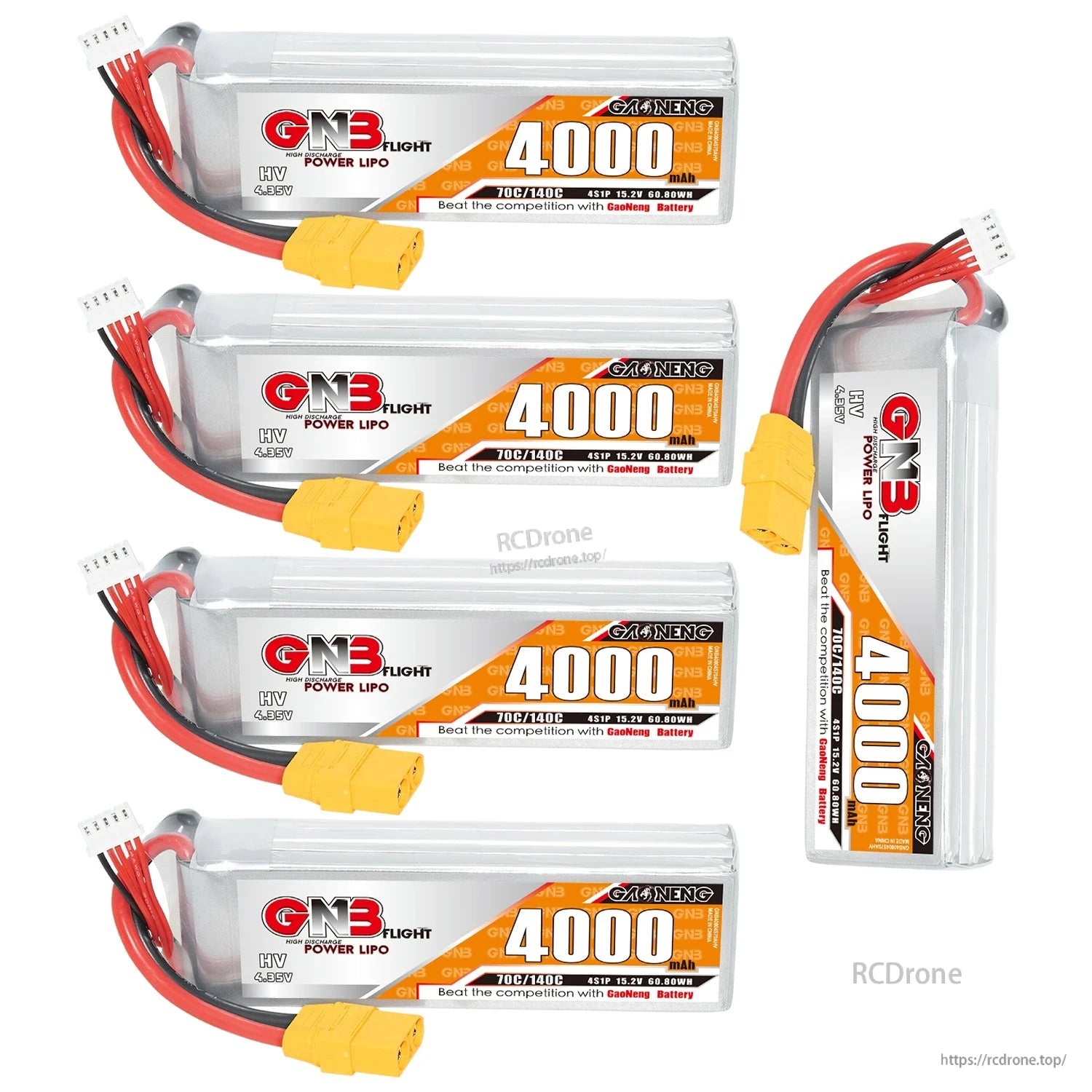 Four horizontal and one upright GAONENG GNB 4000mAh 4S LiHV batteries group display