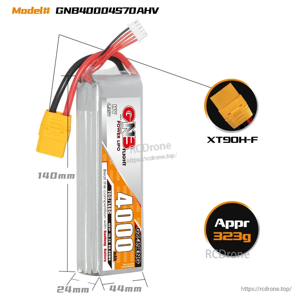 GNB 4S LiHV battery dimensions graphic with XT90H-F connector detail and approximate 323g weight