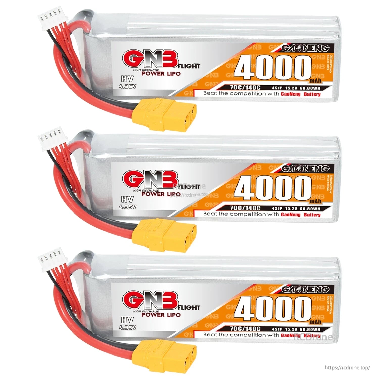 Three GAONENG GNB 4S LiHV 4000mAh 70C LiPo batteries with XT90 connectors, front views