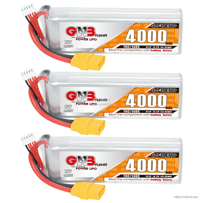 Three GAONENG GNB 4S LiHV 4000mAh 70C LiPo batteries with XT90 connectors, front views