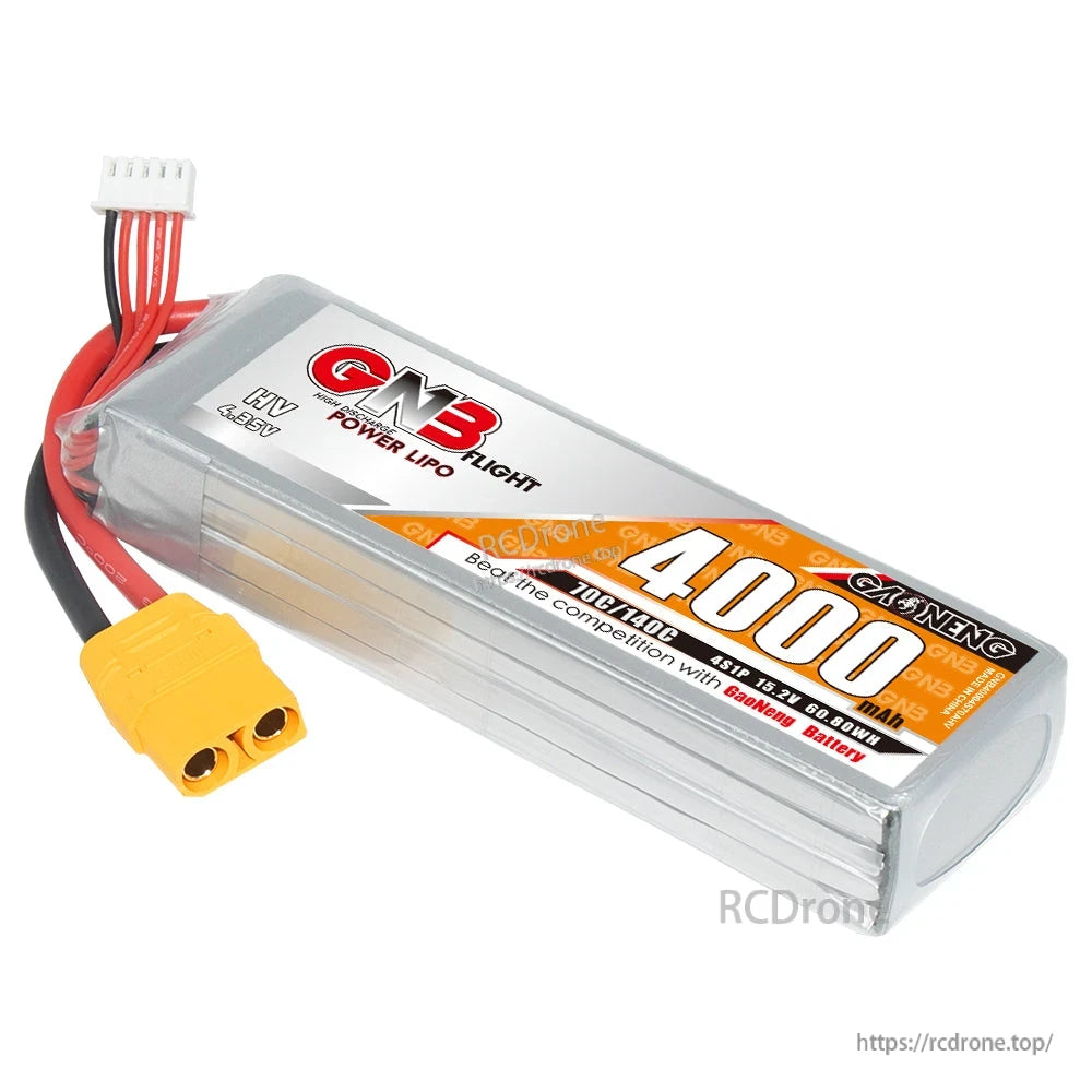 GAONENG GNB 4S 15.2V 4000mAh LiHV battery angled front view with balance lead and XT90 plug