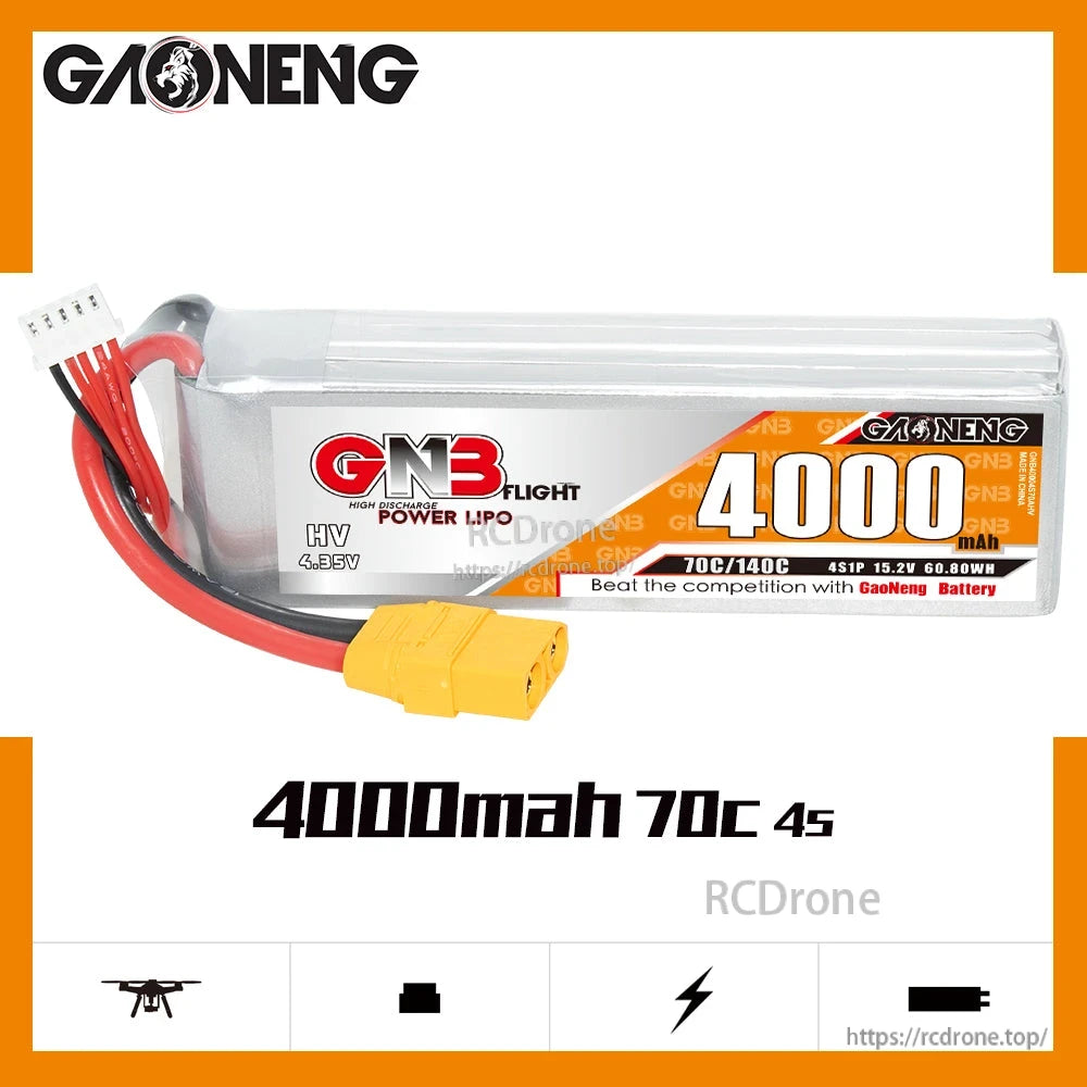 GAONENG GNB 4000mAh 4S 70C LiHV battery product graphic with front label and XT90 connector