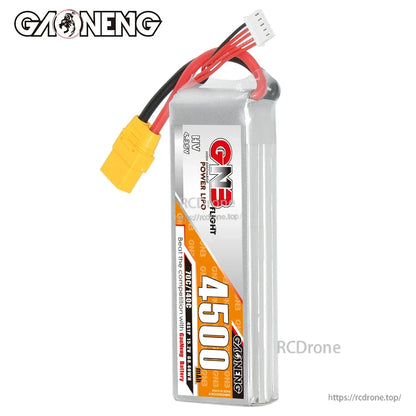 Side profile of GNB 4500mAh LiHV 4S battery with leads and yellow XT90 plug at top