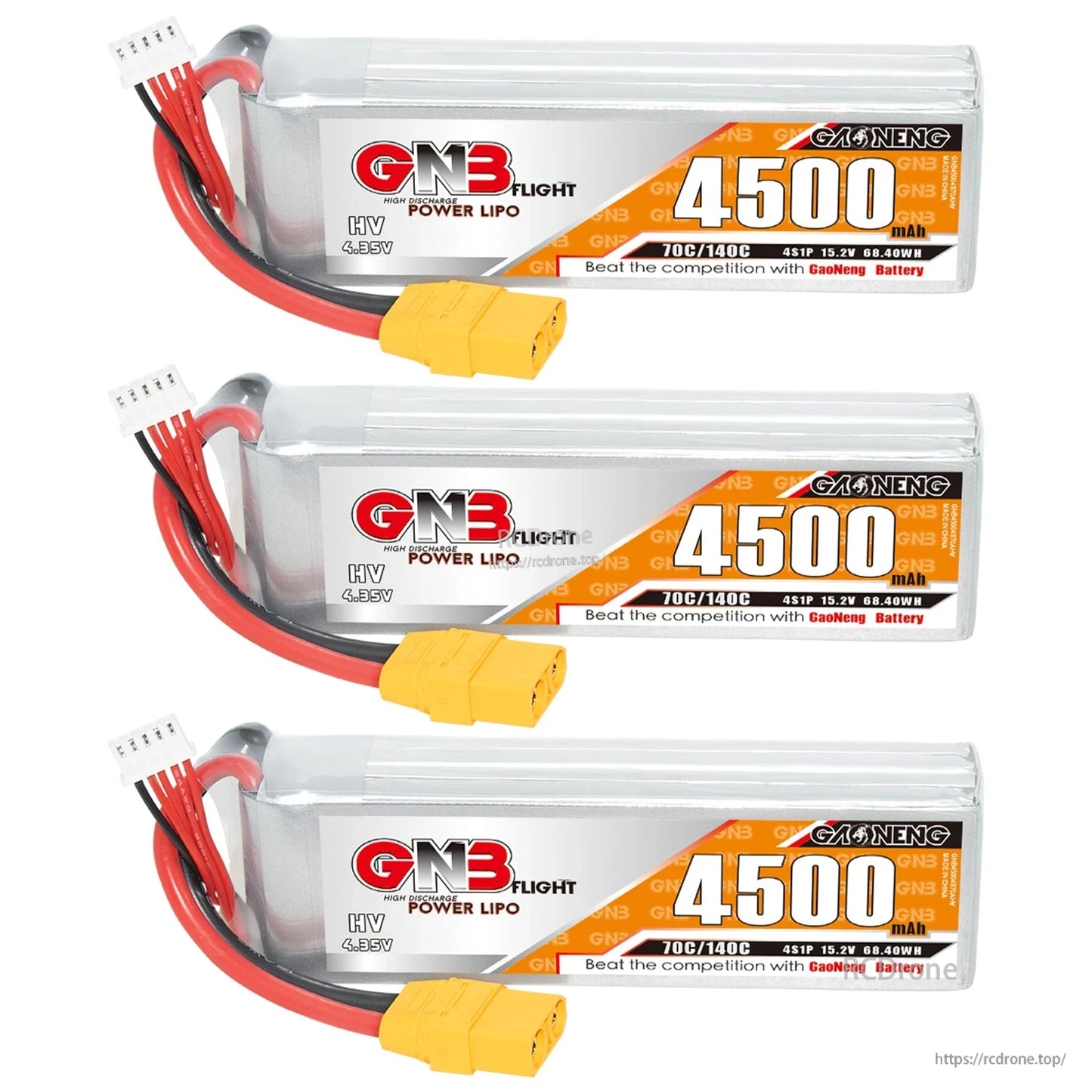 Three GNB 4500mAh LiHV 4S LiPo batteries with XT90 connectors, front label view