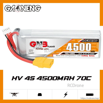 GNB HV 4S 4500mAh 70C battery label close-up showing 70C/140C and 4S 15.2V markings