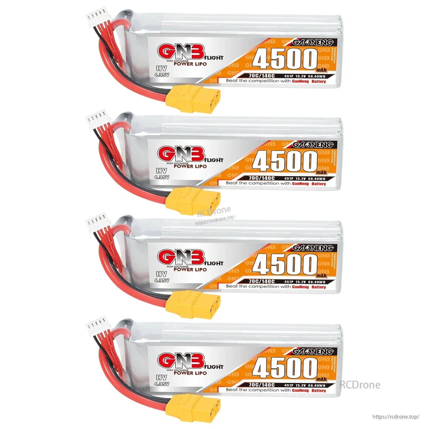 Four GNB 4500mAh LiHV 4S LiPo batteries with XT90 connectors, stacked front view