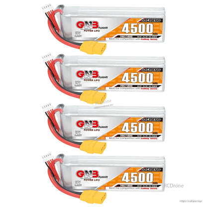 Four GNB 4500mAh LiHV 4S LiPo batteries with XT90 connectors, stacked front view