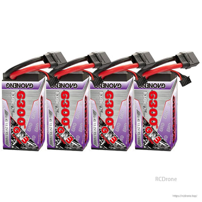 Four GAONENG GNB 6300mAh 4S LiHV hard case battery packs lined up with leads on top