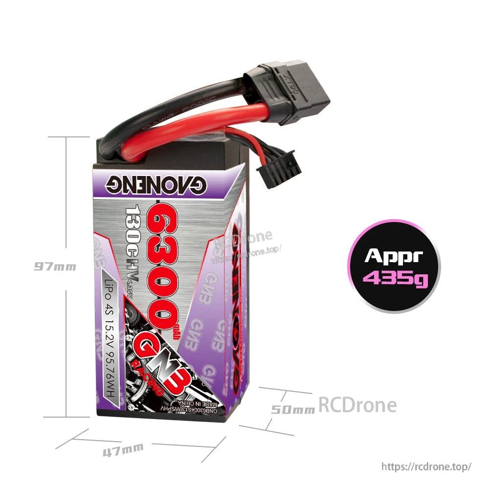 GAONENG GNB 6300mAh 4S LiHV pack with size diagram and approximate 435g weight graphic