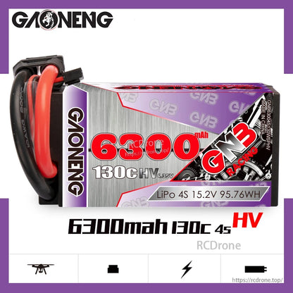 Side profile of GAONENG GNB 6300mAh 130C 4S HV hard case LiPo with label details visible
